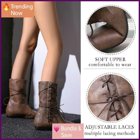 Vintage Lace-Up Ankle Boots Women's Size 7 PU Leather Flat Heel - Picture 5 of 8